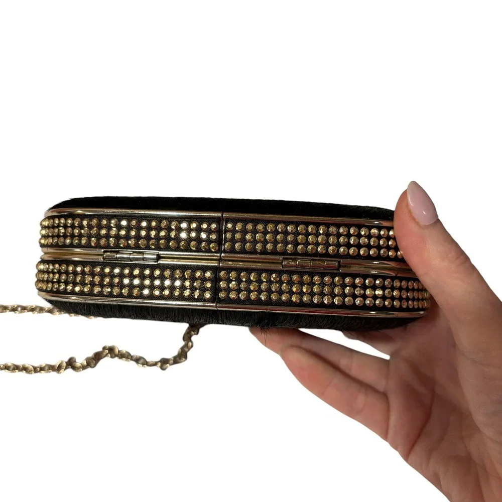 MMS‎ Black Pony Hair Studded Gold Frame Minaudiere Clutch Evening Bag